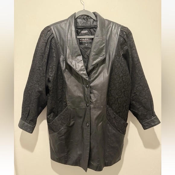 Vintage 80s Wilsons Black Leather Jacket Womens Medium Paisley Suede Sleeve Coat - Picture 2 of 9
